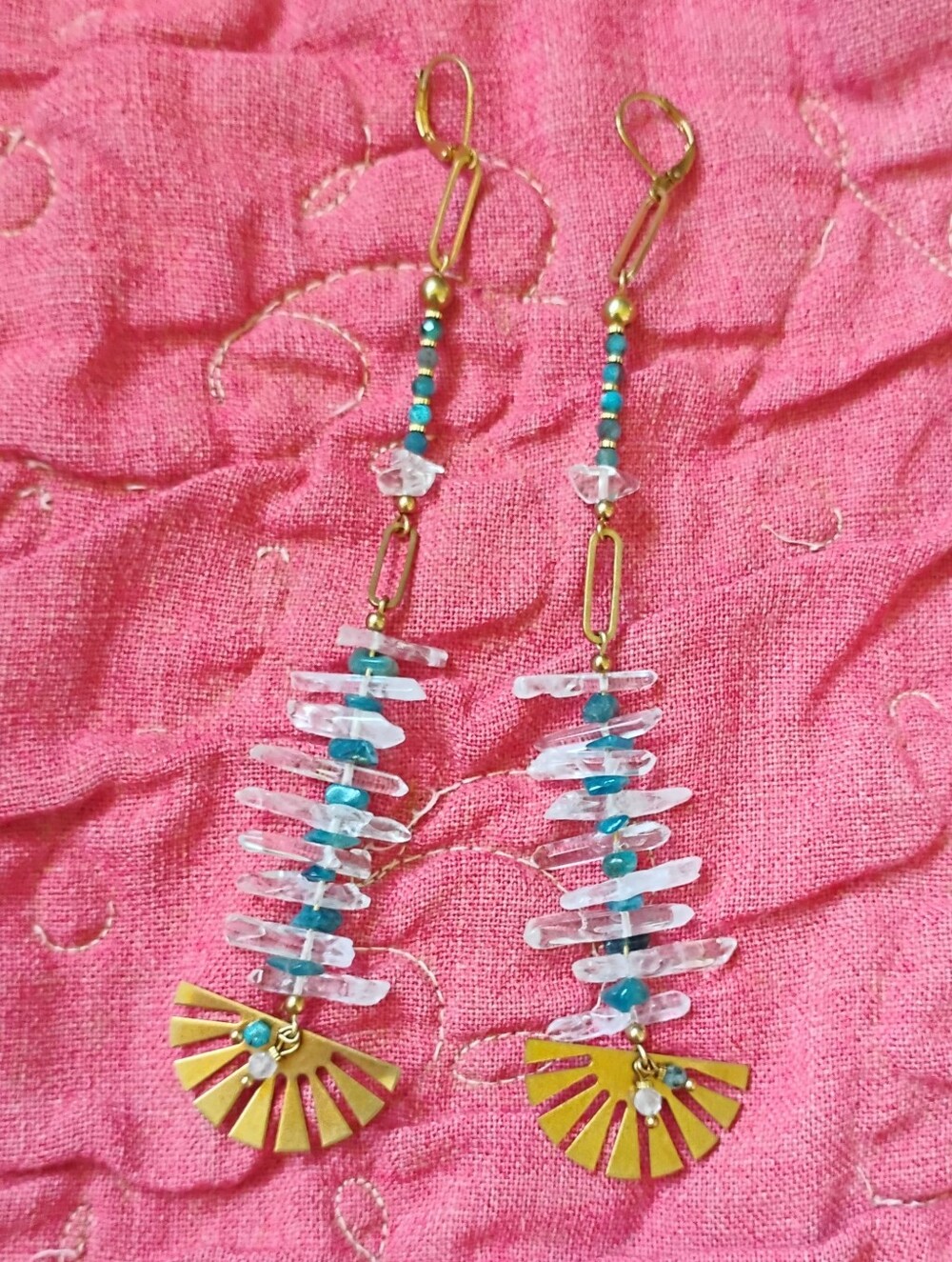 XXL Handmade Quartz and Blue Apatite'Fan' Earrings
